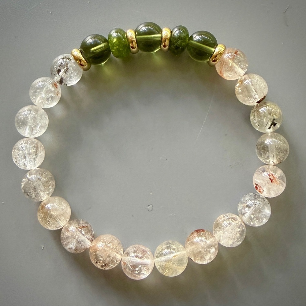Green Moldavite and Herkimer Handcrafted Beaded Bracelet - Picture 3 of 6